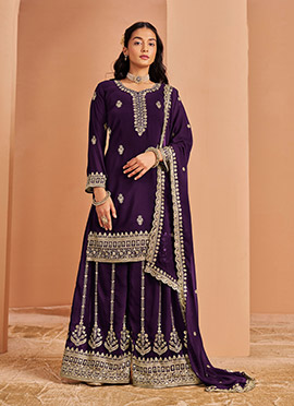 Purple Georgette Zari Embroidered Sequins Regal Palazzo Suit