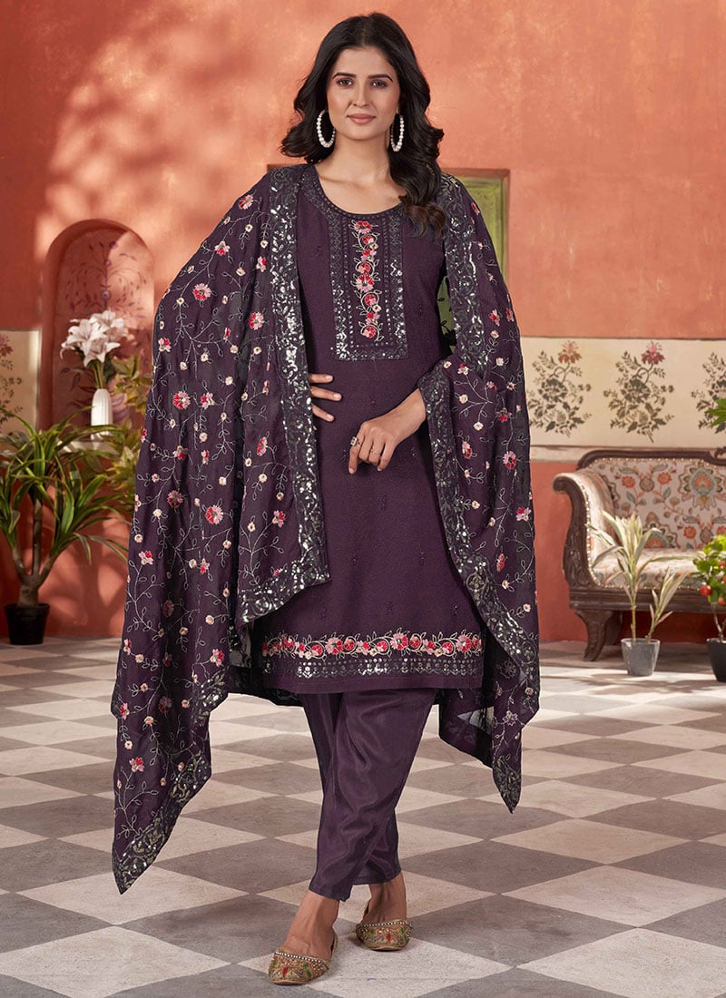 Purple Georgette Zari Embroidered Sequins Straight Pant Suit Festive Wear