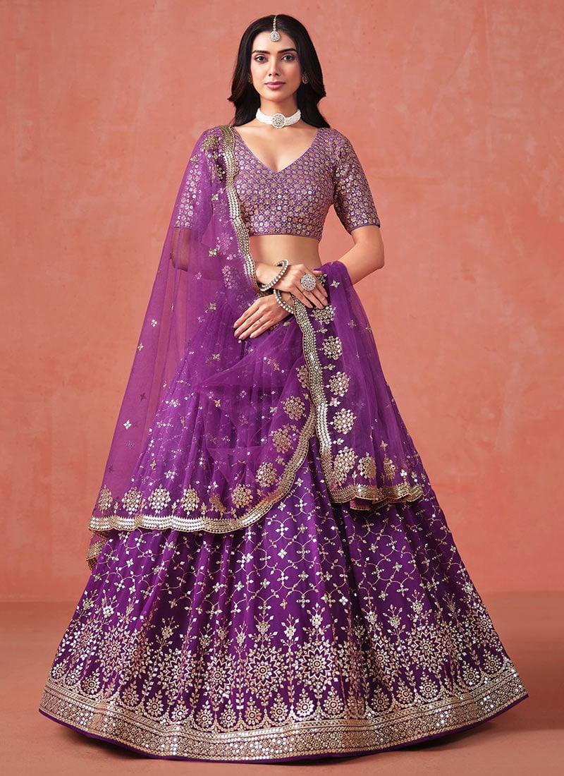 Purple Georgette Zari Embroidered Sequins Umbrella Lehenga Wedding Wear