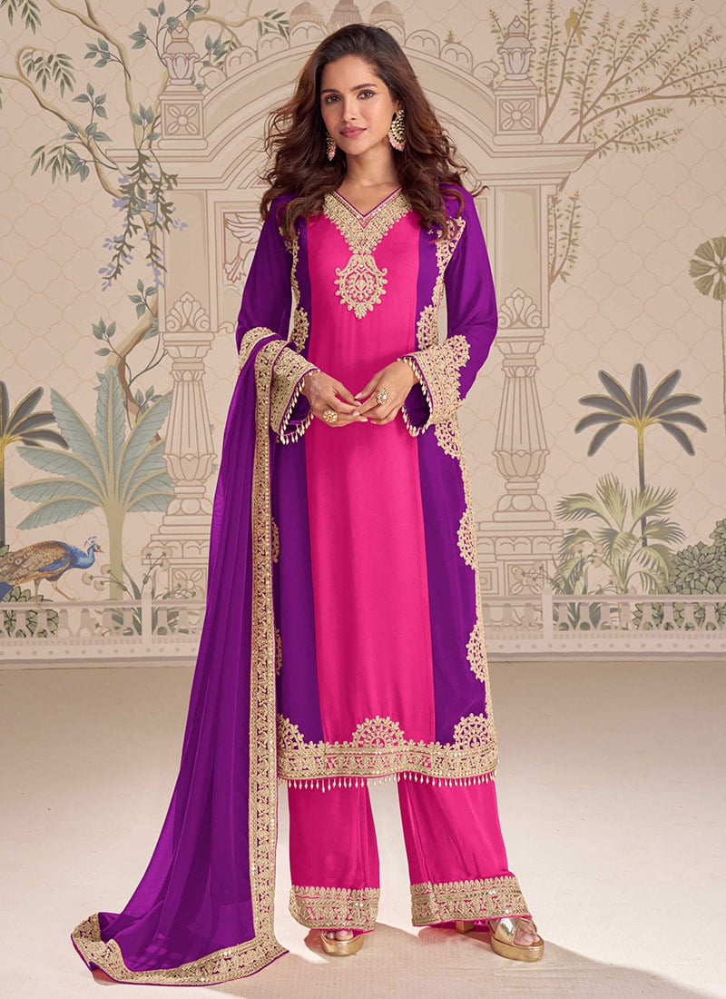 Purple Georgette Zari Embroidered Sequins With Beads Work Palazzo Suit Festive Wear