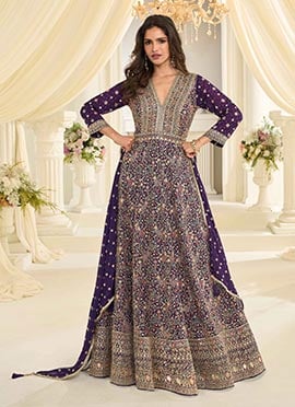 Purple Georgette Zari Embroidered Sequins With Stone A Line Anarkali Suit
