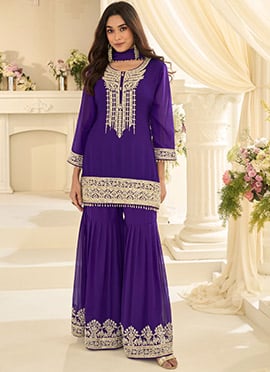 Purple Georgette Zari Embroidered Sharara Suit For Women