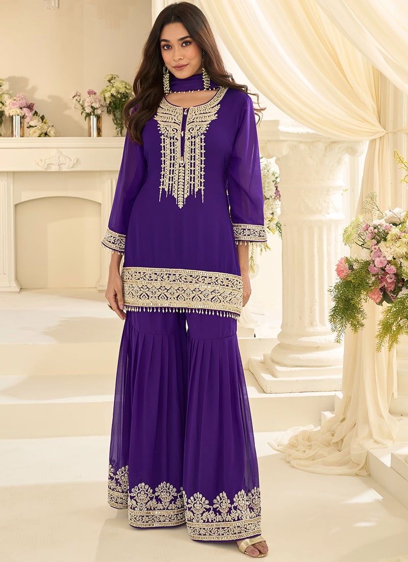 Purple Georgette Zari Embroidered Sharara Suit For Women Festive Wear