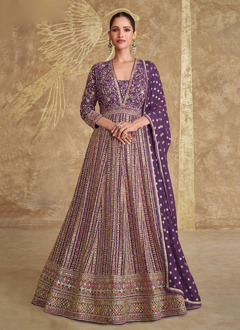 Purple Georgette Zari Embroidered Stone Sequins A Line Gorgeous Anarkali Suit Wedding Wear-SLSCC55425652C