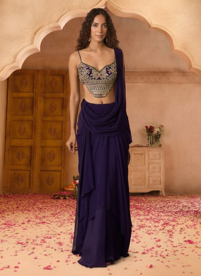 Purple Georgette Zari Hand Embroidered Sequins Lehenga Wedding Wear