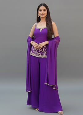 Purple Georgette Zari Hand Embroidered Sequins Palazzo Suit