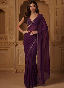 Purple Georgette Zari Hand Embroidered Sequins Saree