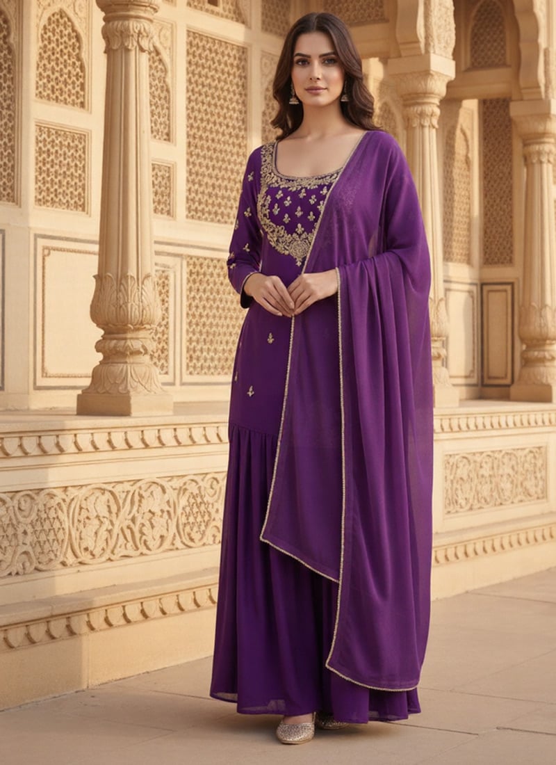 Purple Georgette Zari Hand Embroidered Sharara Suit Wedding Wear