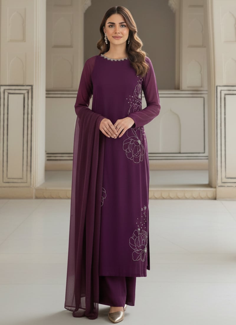 Purple Georgette Zari Palazzo Suit Festive Wear