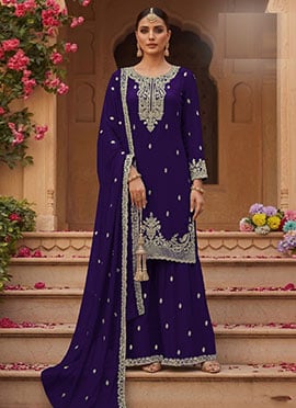Purple Georgette Zari Sequin Embroidered Palazzo Suit