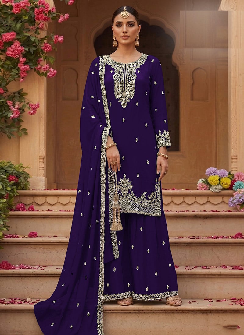 Purple Georgette Zari Sequin Embroidered Palazzo Suit Festive Wear
