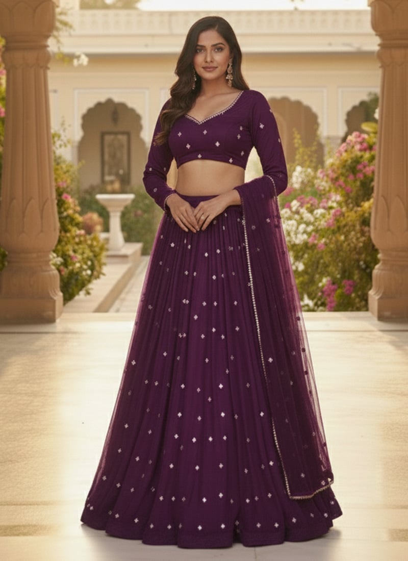 Purple Georgette Zari Sequins A Line Lehenga