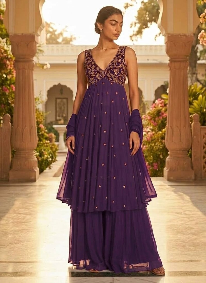 Purple Georgette Zari Sequins Anarkali Suit Festive Wear