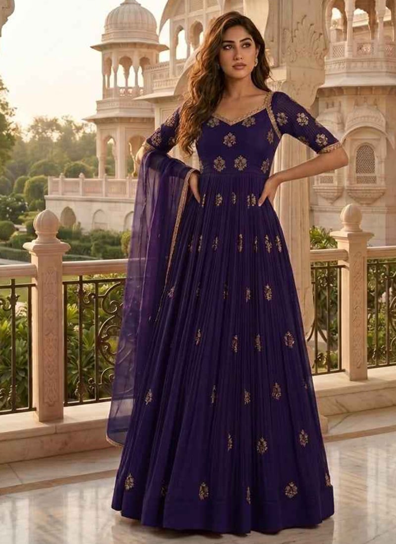 Purple Georgette Zari Sequins Embroidered Anarkali Suit Wedding Wear