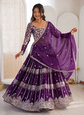 Purple Georgette Zari Sequins Embroidered Lehenga