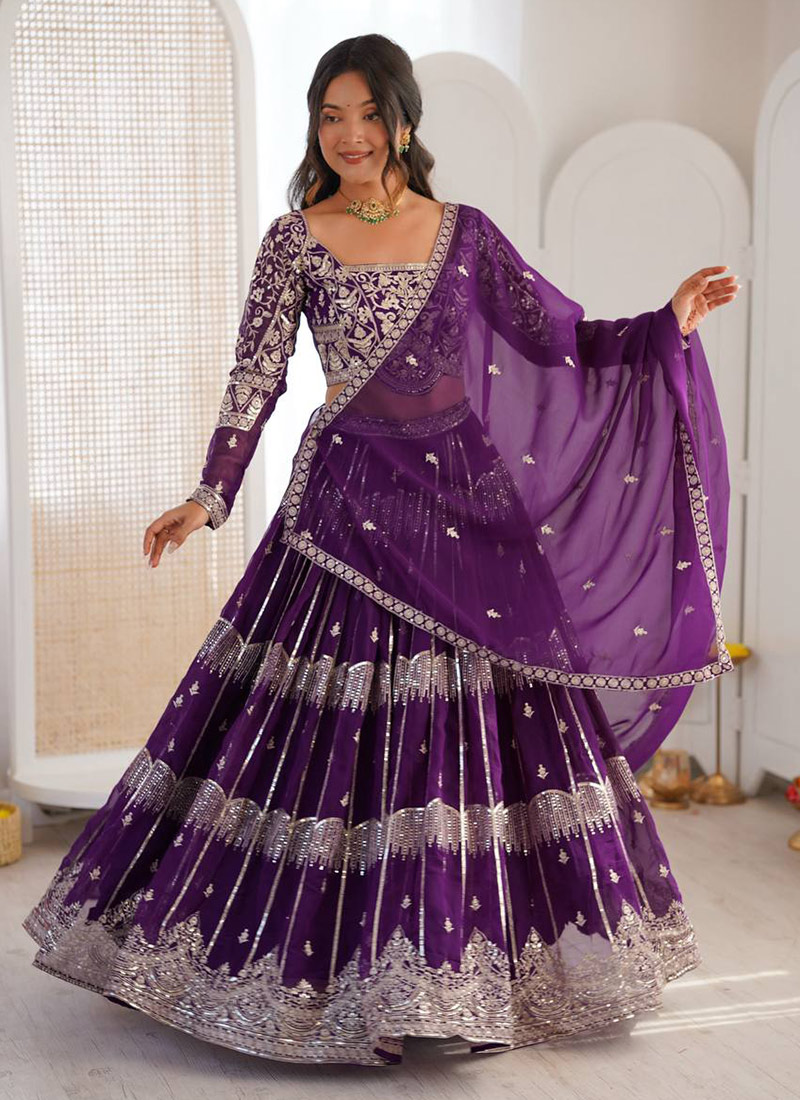 Purple Georgette Zari Sequins Embroidered Lehenga Wedding Wear