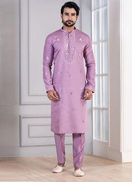 Purple Glame Cotton Sequins Thread Kurta Pyjama
