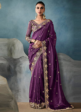 Purple Glass Tissue Zari Embroidered Sequins Saree