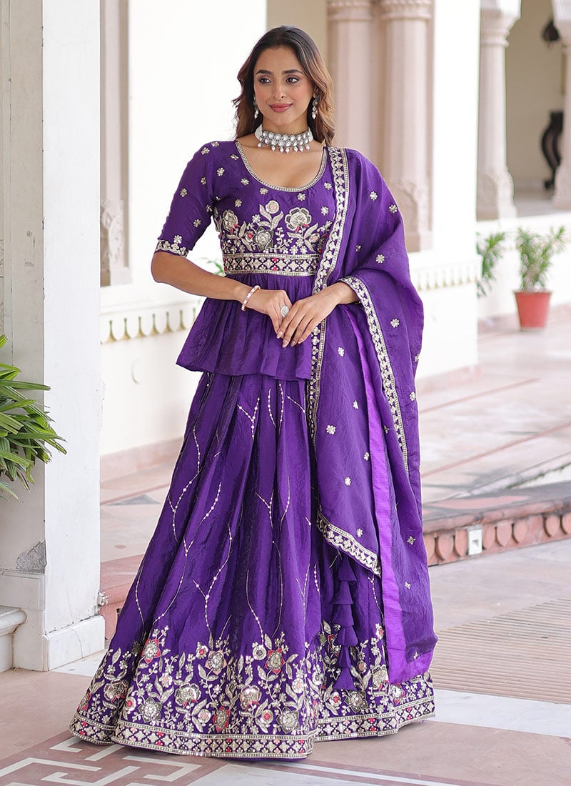 Purple Gold Crush Silk Embroidered Sequins Thread Umbrella Lehenga