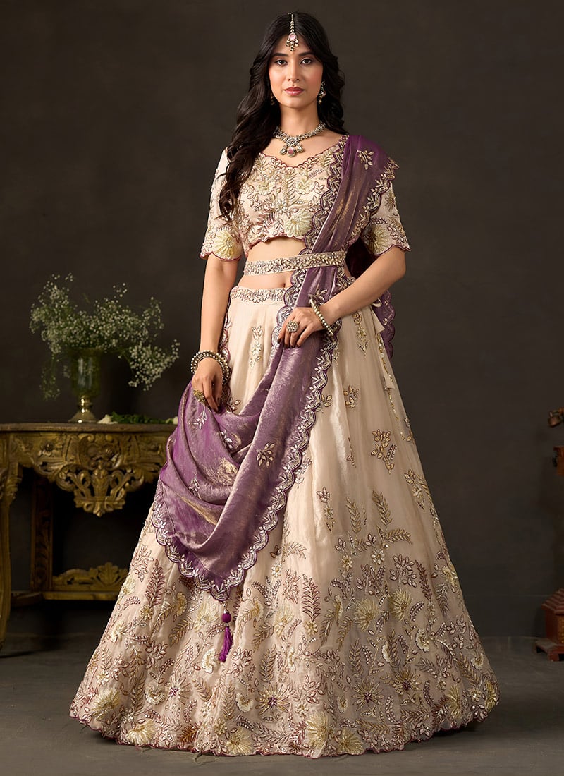 Purple Gold Fandy Silk Zari Sequins Embroidered Lehenga Wedding Wear