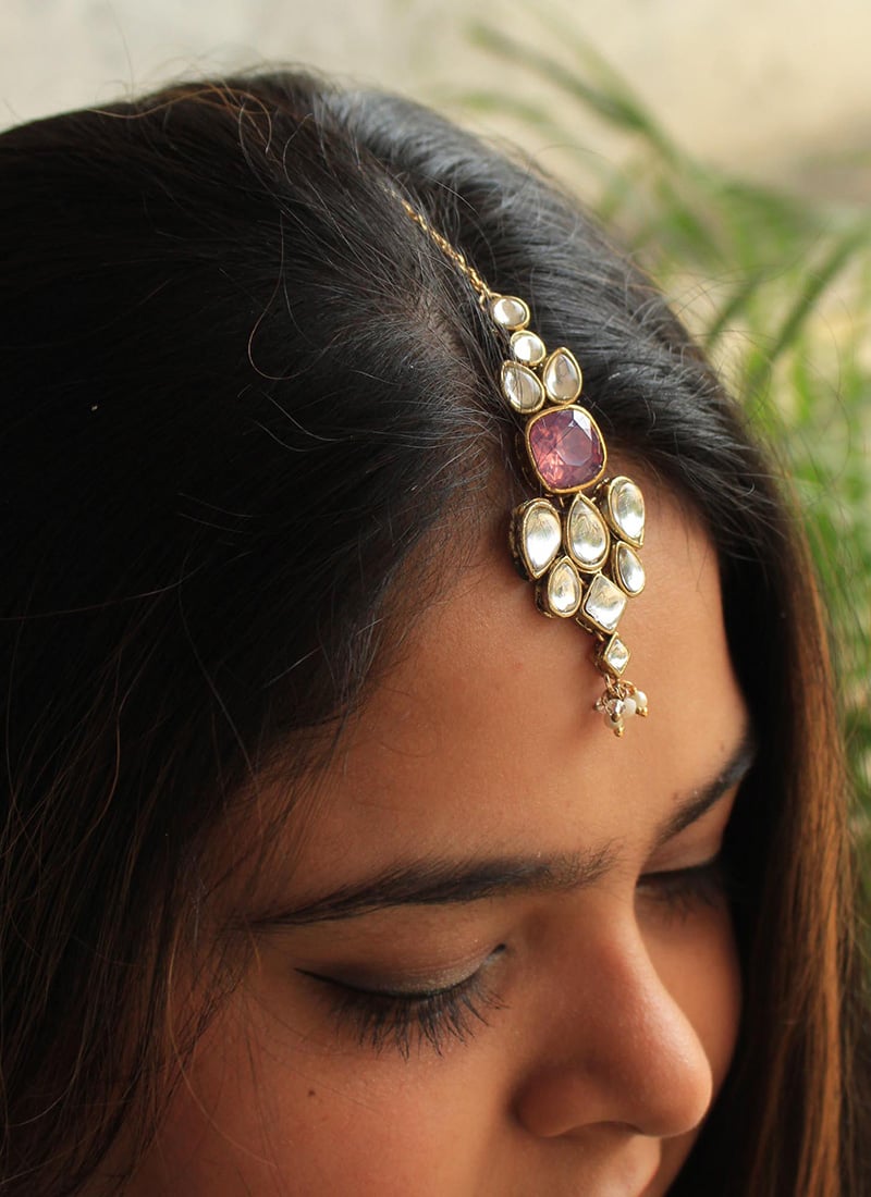 Purple Gold Plated Kundan And Beads Mangtikka Festive Wear