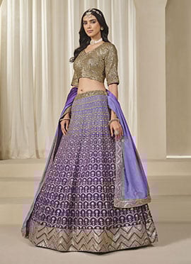 Purple Chinon Silk Zari Embroidered Sequins Lehenga