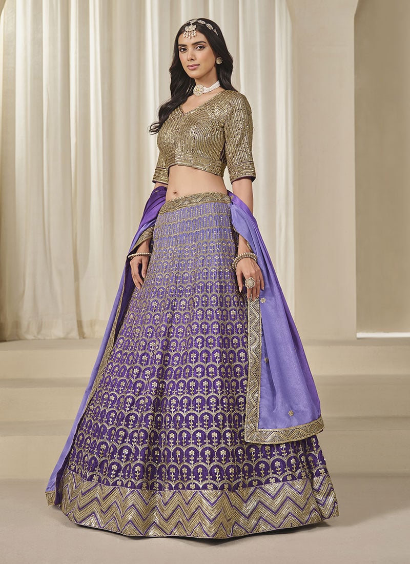 Purple Chinon Silk Zari Embroidered Sequins Lehenga