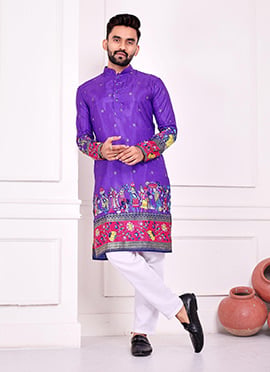 Purple Green Dola Silk Patola Foil Print Kurta Pyjama