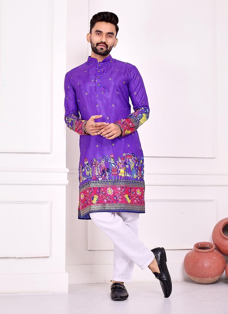 Purple Green Dola Silk Patola Foil Print Kurta Pyjama Festive Wear