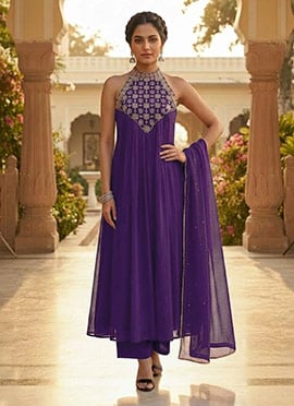 Purple Halter Neck Georgette Resham Embroidered Anarkali Suit