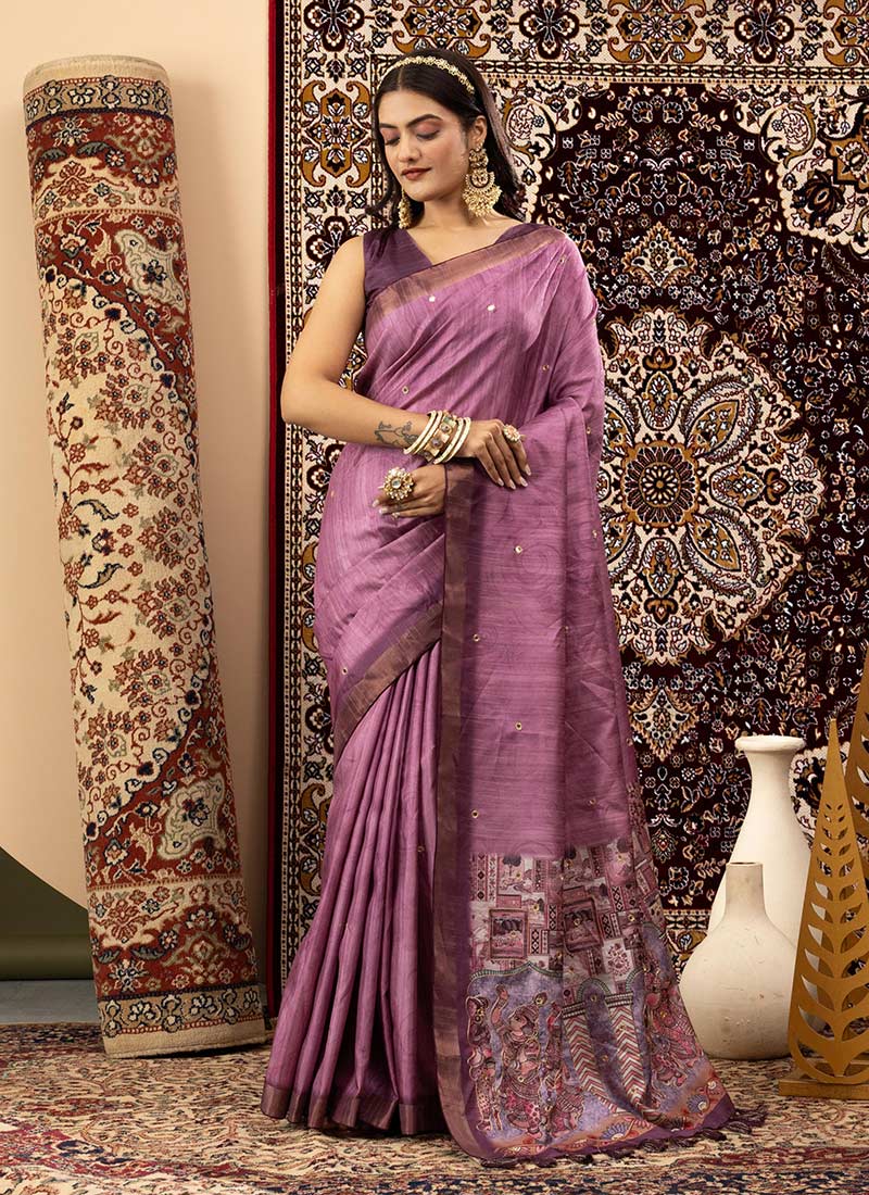 Purple Handloom Silk Thread And Digital Print Saree Festive Wear