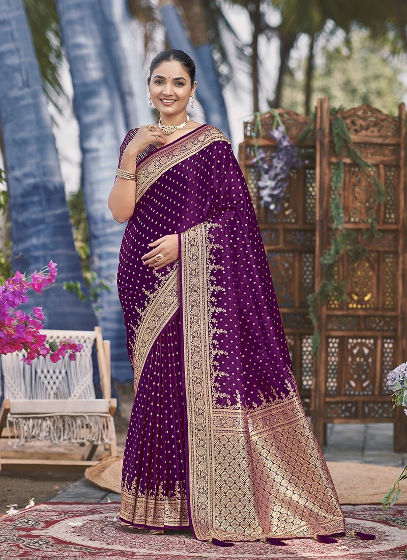 Purple Jacquard Banarasi Satin Silk Saree Festive Wear
