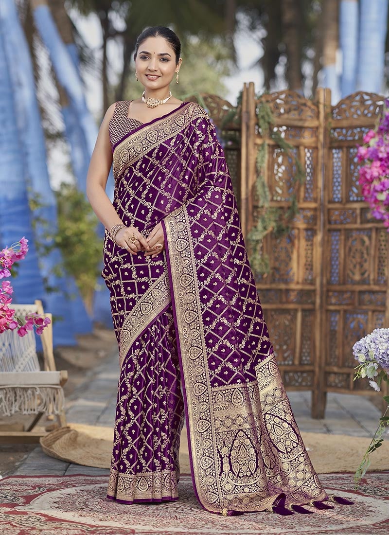 Purple Jacquard Banarasi Satin Silk Saree Festive Wear