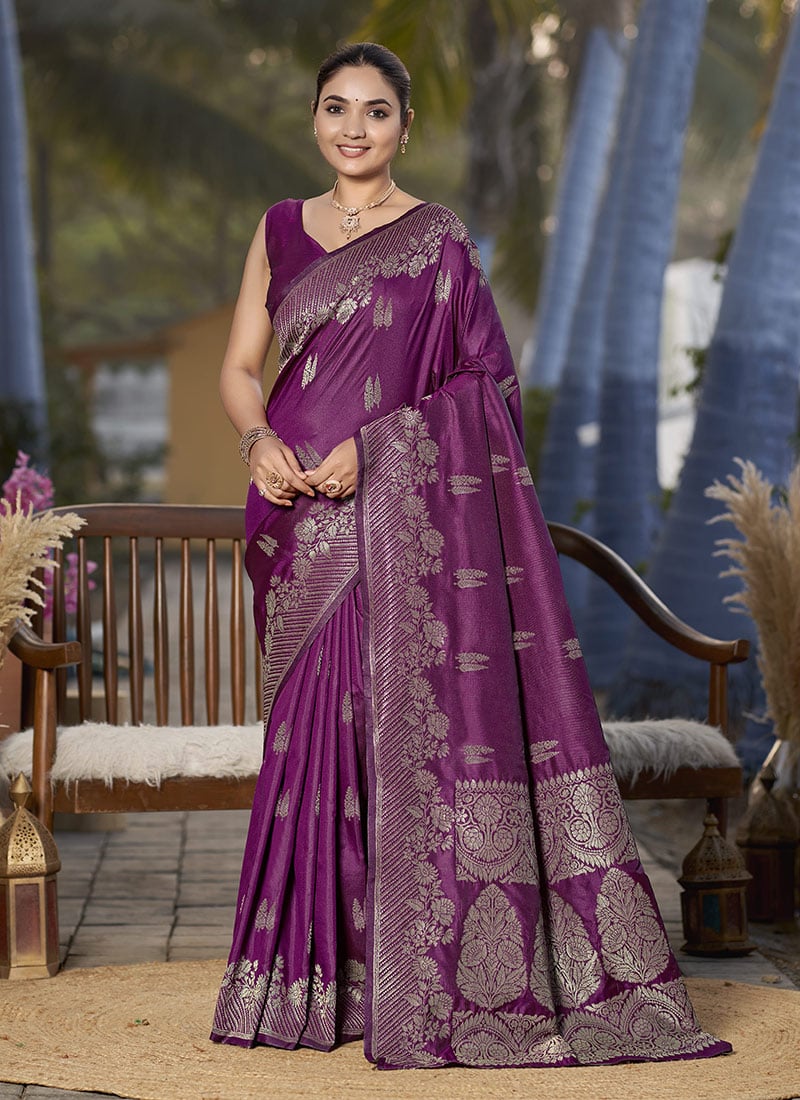 Purple Jacquard Banarasi Silk Saree Festive Wear
