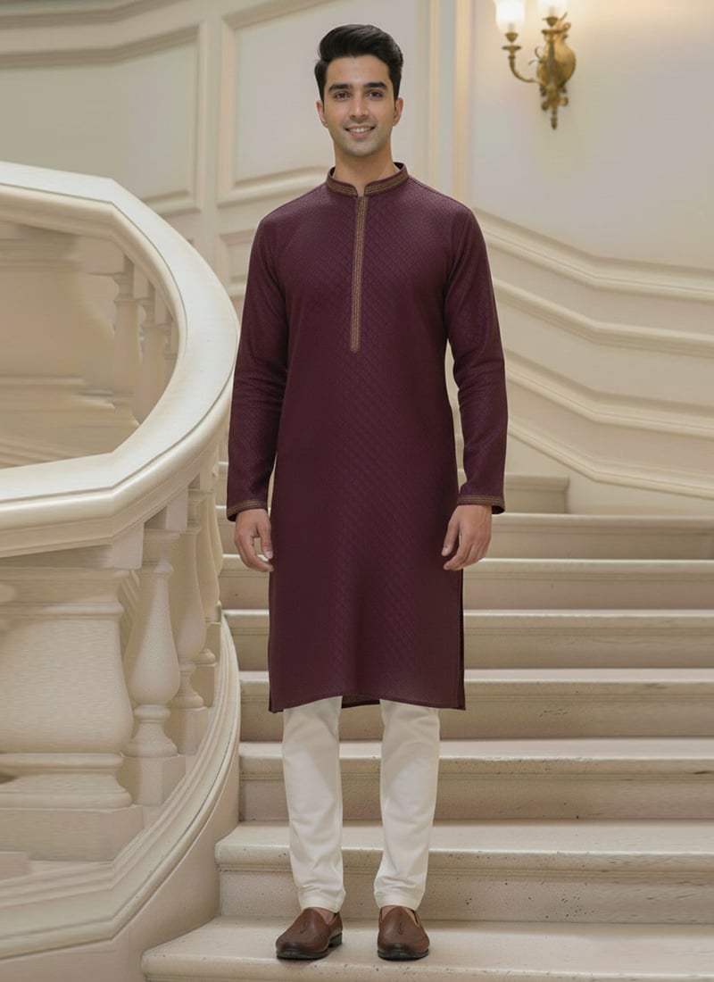 Purple Jacquard Embroidered Kurta Pyjama Festive Wear