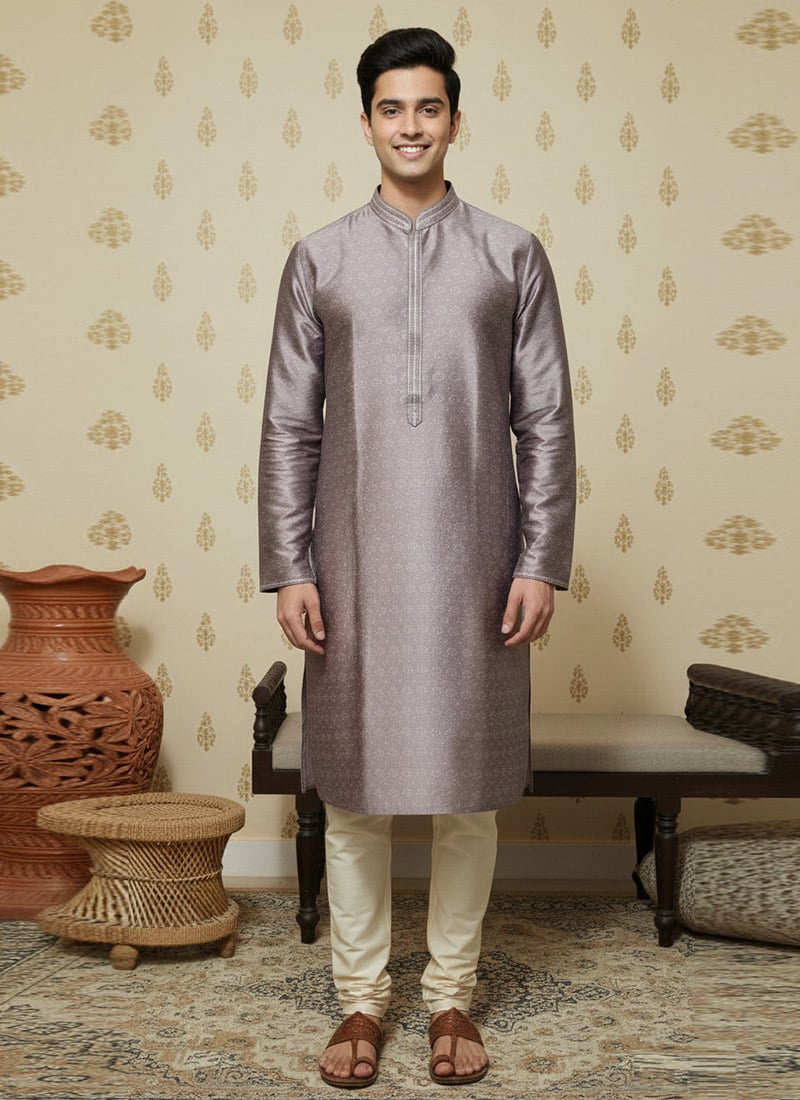 Purple Jacquard Embroidered Kurta Pyjama Festive Wear