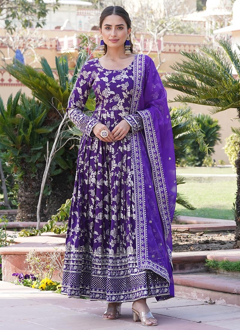 Purple Jacquard Embroidered Sequins Anarkali Gown Party Wear