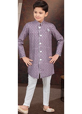 Purple Jacquard Printed Kids Boys Indowestern Sherwani