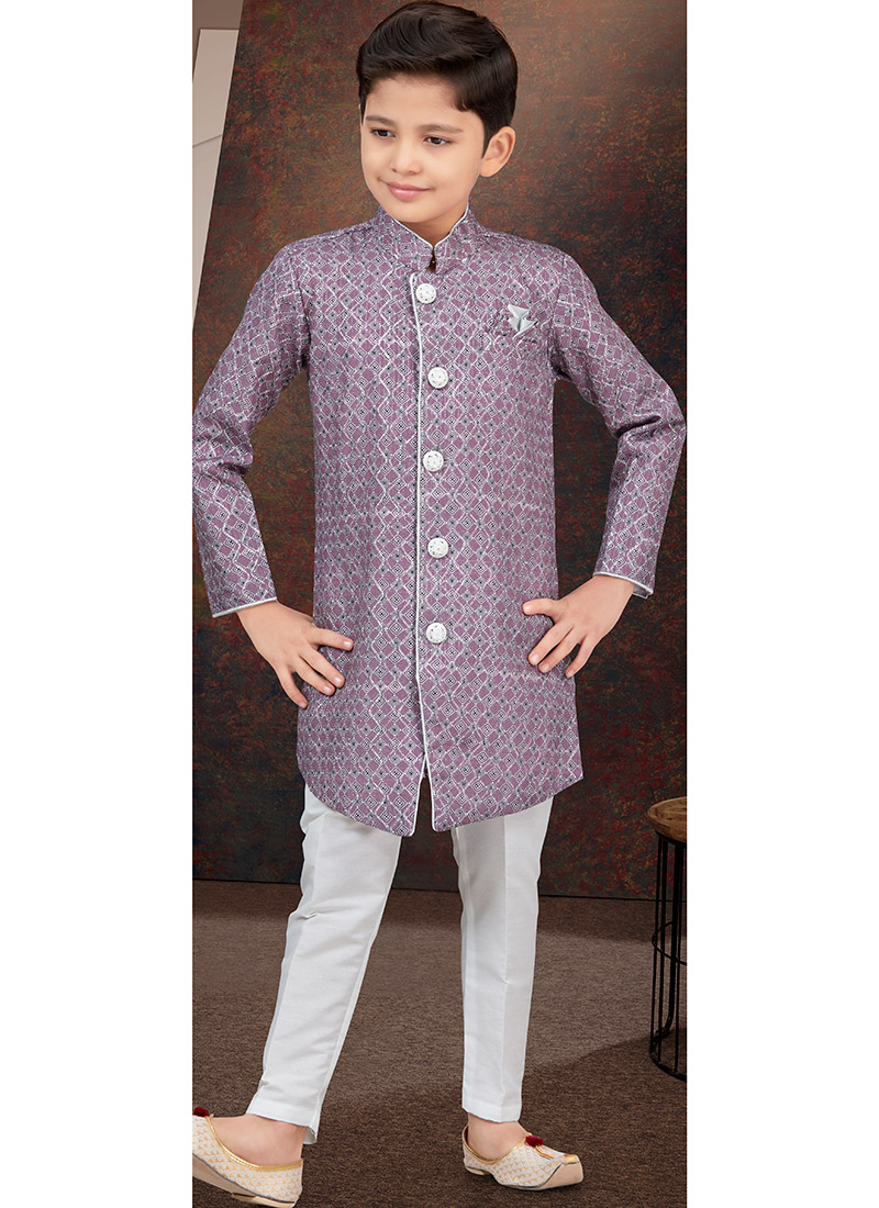 Purple Jacquard Printed Kids Boys Indowestern Sherwani  Wedding Wear