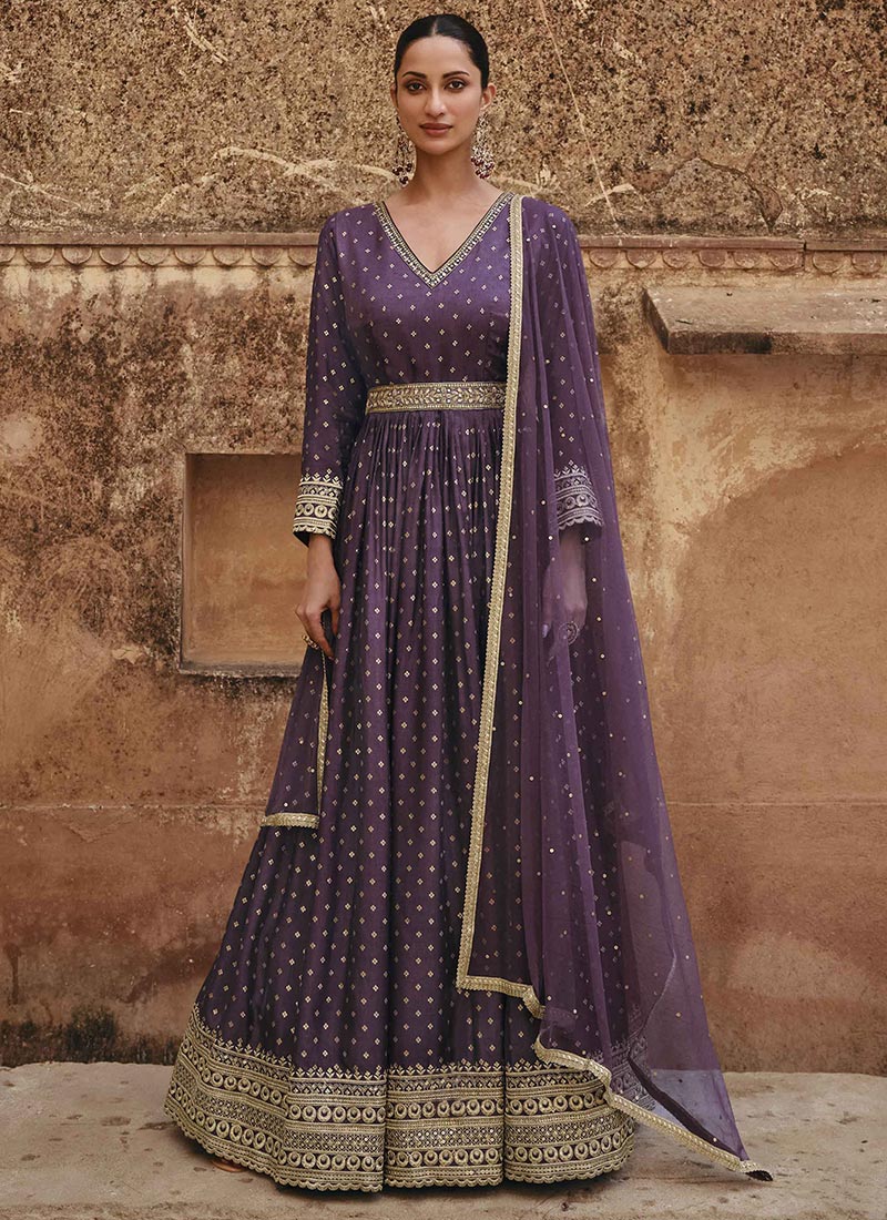 Buy Purple Jacquard Silk Embroidered Dresses and Gown Party Wear Online