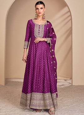 Purple Jacquard Silk Embroidered Sequins Anarkali Suit