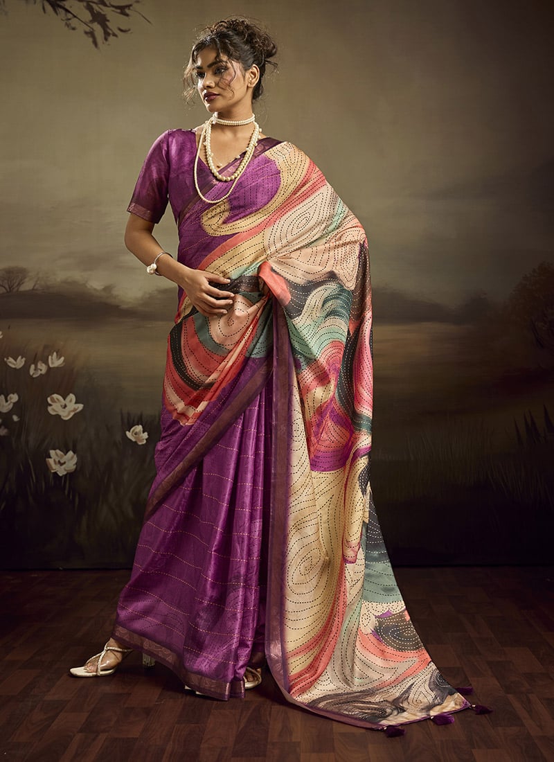 Purple Jacquard Silk Floral Woven Saree After Six Wear