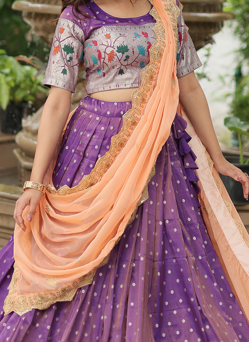 Off-White Cotton Embroidered Lehenga with Purple Color Gaji Silk Dupatta