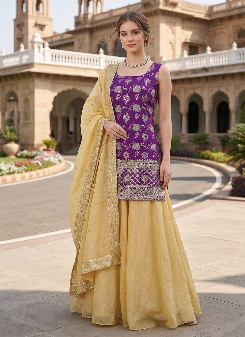 Purple Jacquard Silk Sequin Palazzo Suit Festive Wear