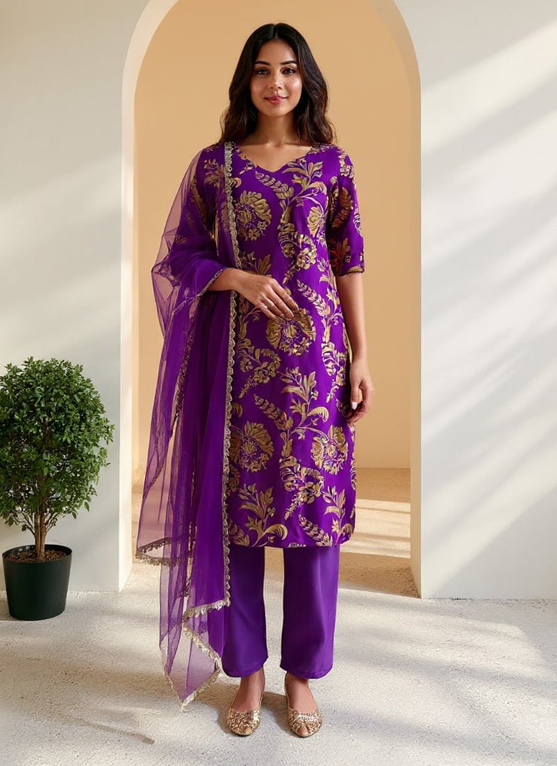 Purple Jacquard Silk Straight Pant Suit
