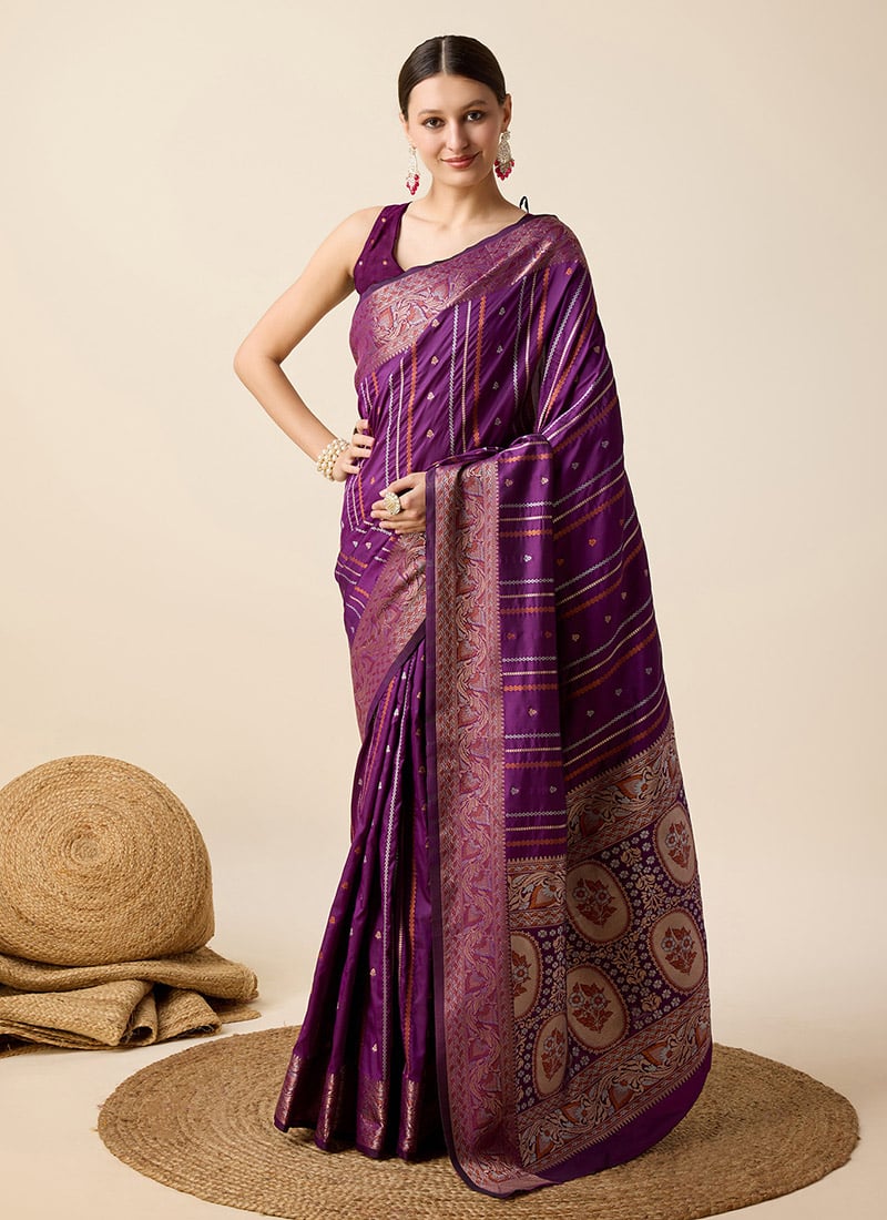 Purple Jacquard Silk Zari Saree Festive Wear