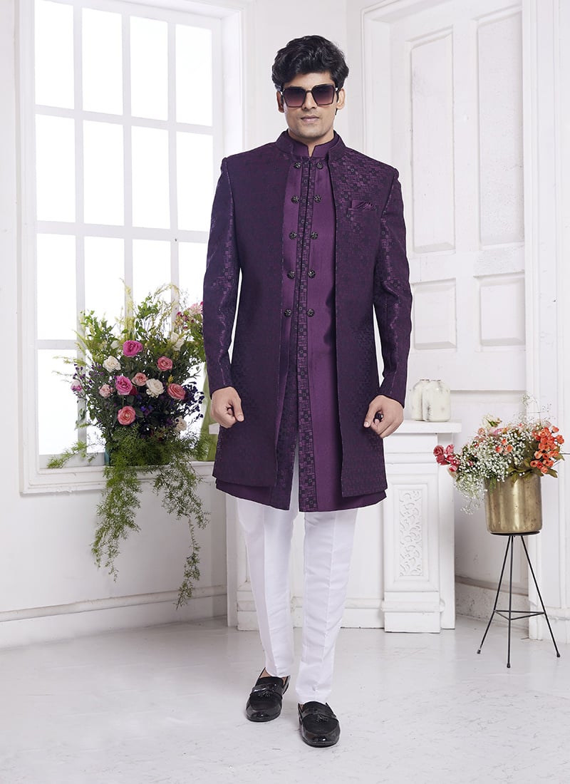 Purple Jacquard Silk Zari Work Indowestern Sherwani