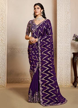 Purple Jacquard Velvet Silk Hand Embroidered Sequins With Stone Work Saree