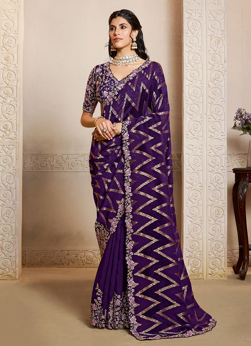 Purple Jacquard Velvet Silk Hand Embroidered Sequins With Stone Work Saree  Festive Wear