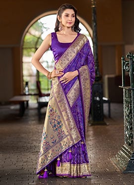 Purple Jacquard Woven Zari Border Patola Banarasi Satin Silk Saree